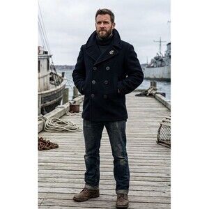 Vintage 1960s US Navy Wool Peacoat Kersey Black Heavyweight Double Breasted 38R
